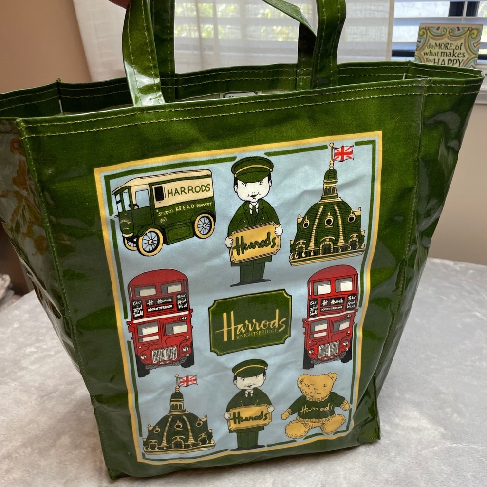Harrods London Knightsbridge PVC Tote Bag Green Teddy Bear Bus Doorman Logo